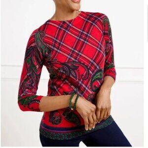TALBOTS Merino Wool Sweater XL Petite Red Holiday Plaid Paisley Knit Preppy